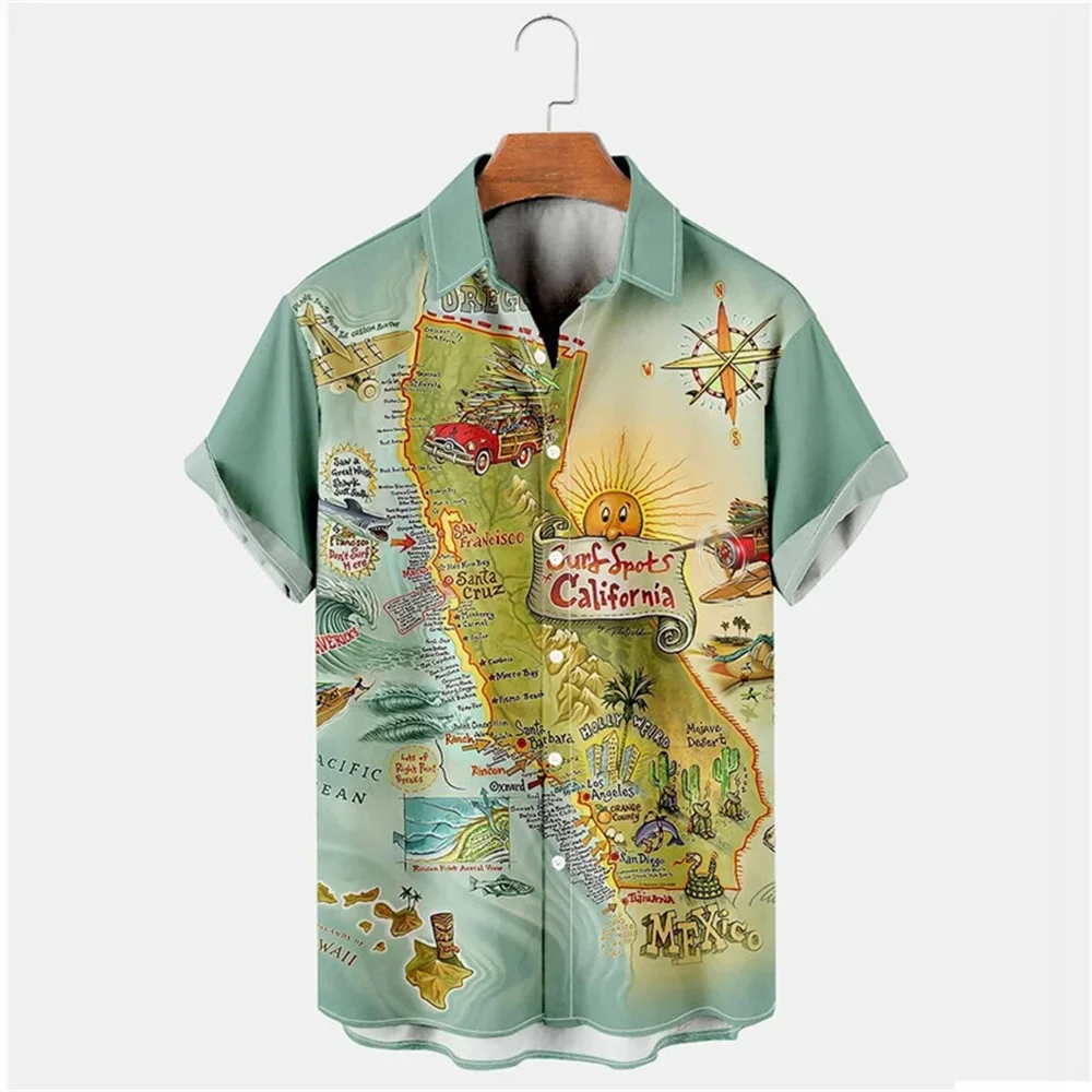 New Hawaiian Men\'s Summer Casual Flower Korean Retro Shirt Geometric Print Short Sleeve Button Top Loose Size Short Sleeve Shirt