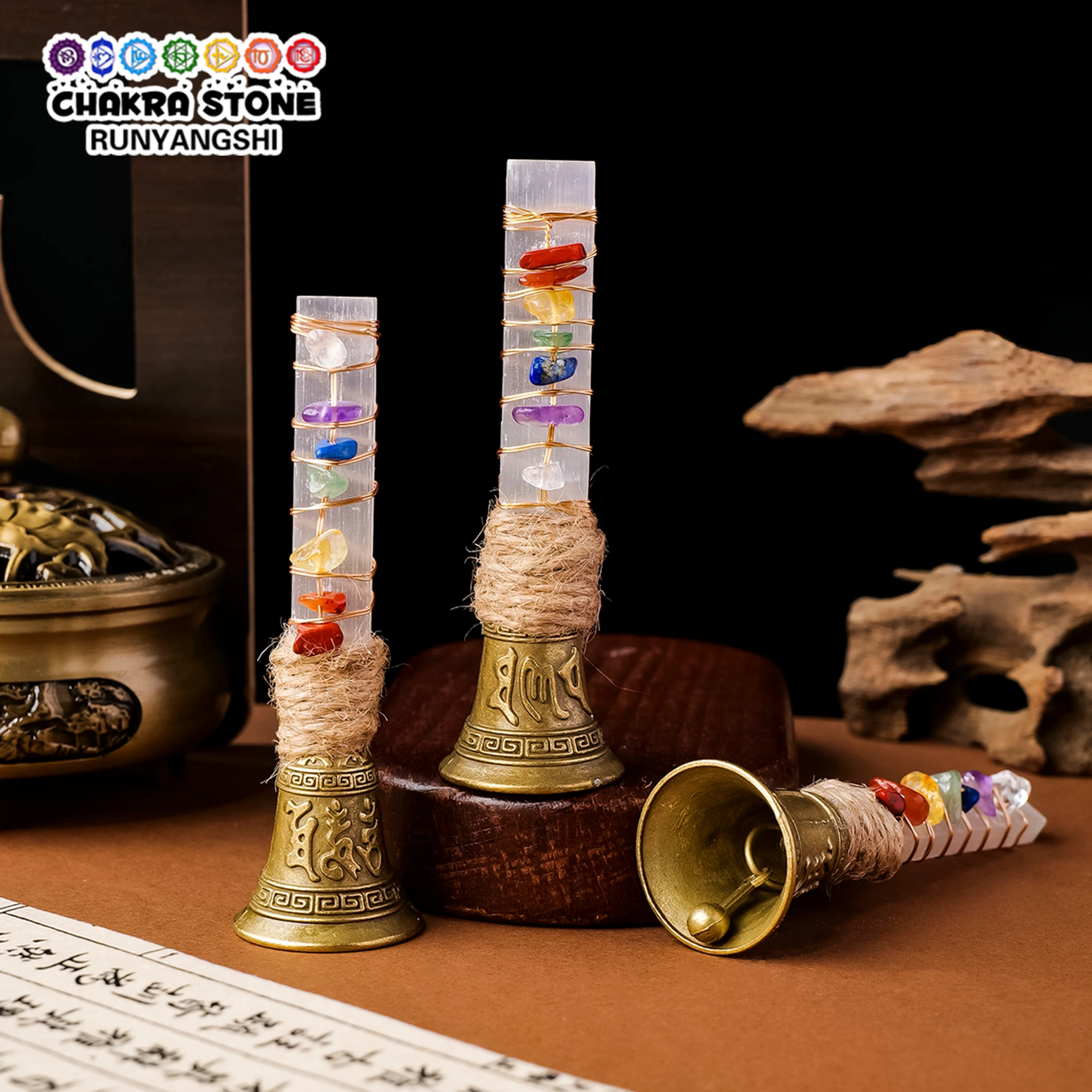 1pc Natural Selenite Seven Chakras Crushed Stone Small Bell Creative Hand Ringing Bell Festival Prop Decoration Ornament