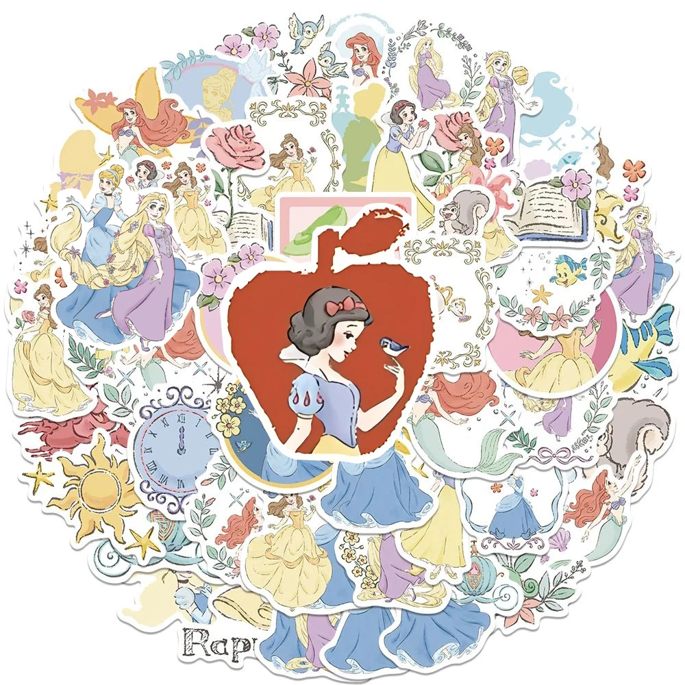 50pcs Watercolor Hand Drawn Floral Disney Princess Cartoon Stickers Kawaii Belle Rapunzel Snow White Decoration Decals Gifts