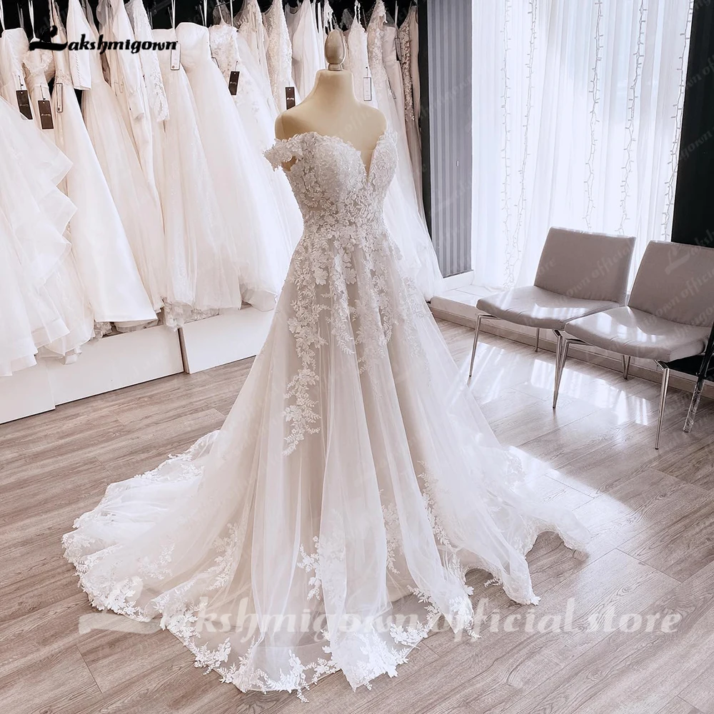 Lakshmigown Classic V Neck Wedding Dresses For Women 2025 Customized A Line Off The Shoulder Lacing Up Court Train Bride Gown