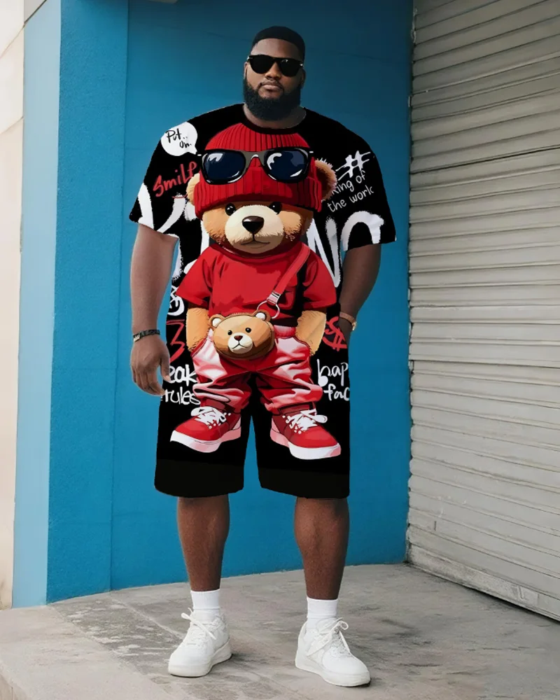

Мужская футболка большого и высокого размера S-9XL, уличный тренд с медведем в стиле хип-хоп, футболка с короткими рукавами, шорты, комплект из двух предметов