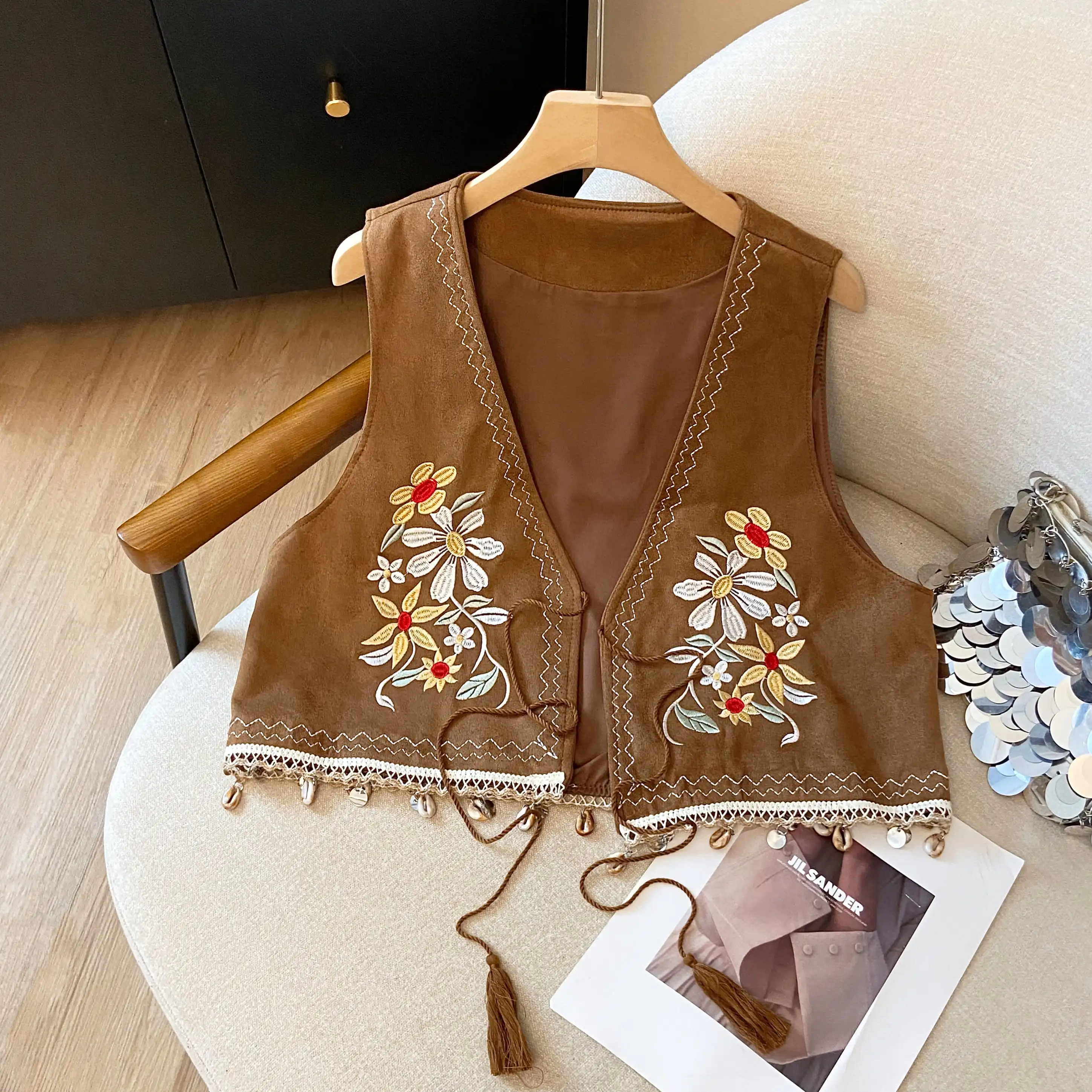 Retro bordado floral colete com cinto ell franja caramelo pele de veado veludo oulder feminino faion commute sle v ne