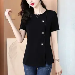 New Summer Women's Solid Colors O-Neck Short Sleeve Plus Size Slim Thin Bow Classic Pullovers Trendy Commute Comfortable Tops