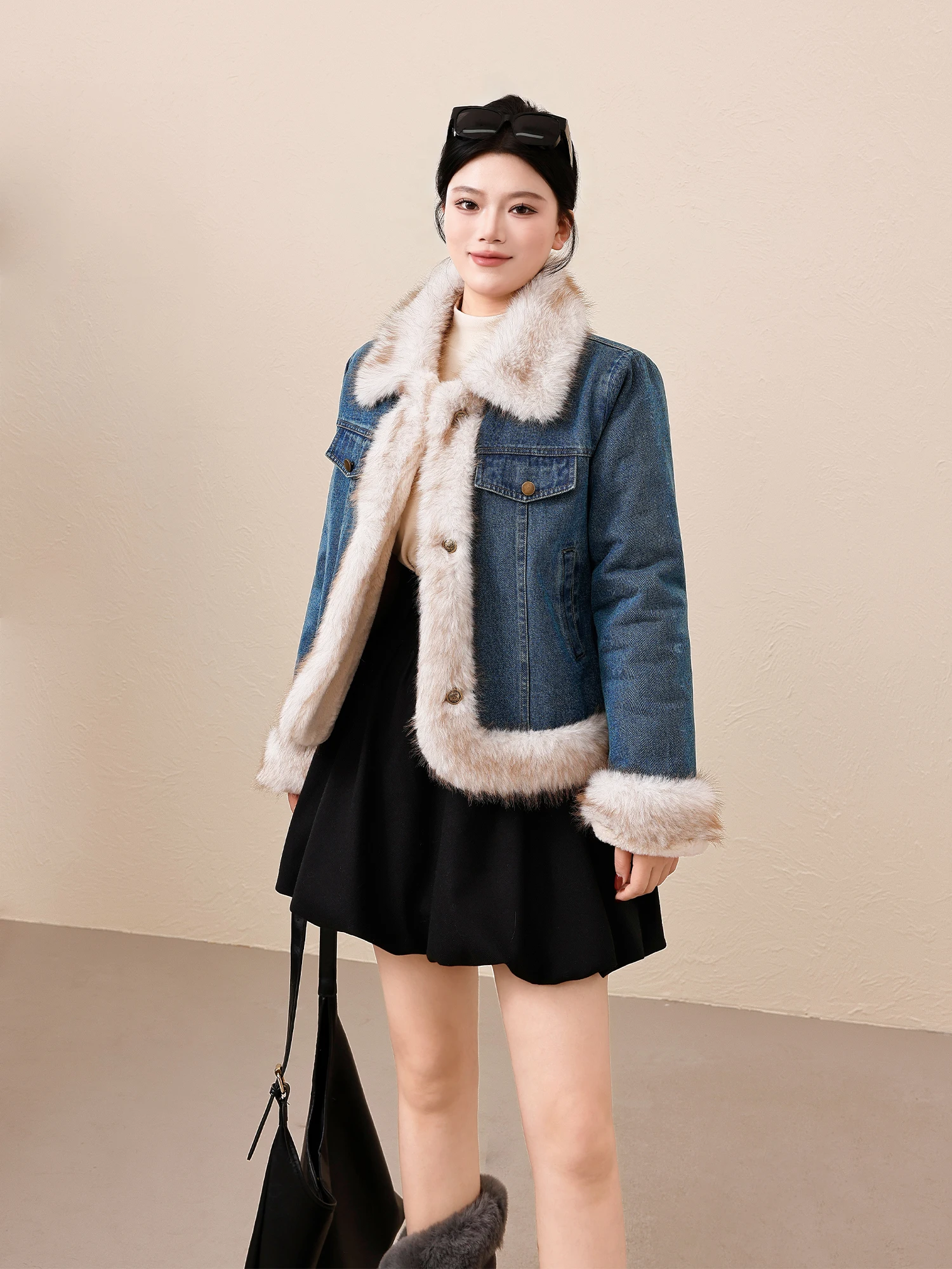 

Egg Sister View plus Size Women's Winter Vintage Color Blo Denim Furry ort Jaet Slimming Versatile Women's Top