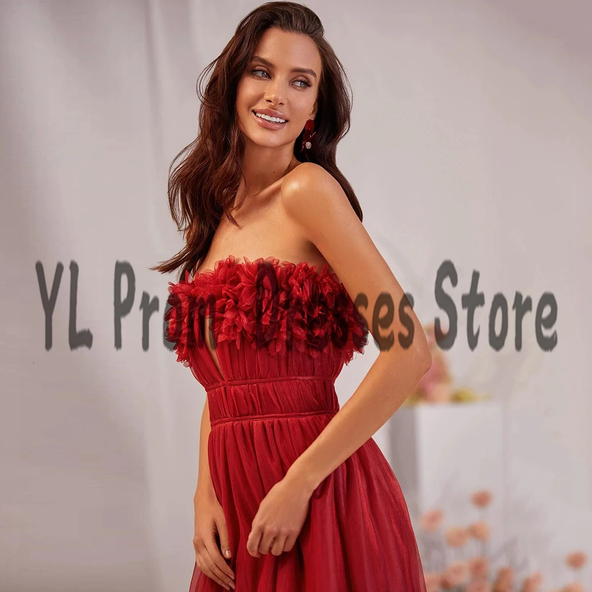 YL Red 3D Flowers Strapelss Evening Party Dresses A-Line Floor Length Pleated Tulle Christmas Prom Dress 2022 abendkleider