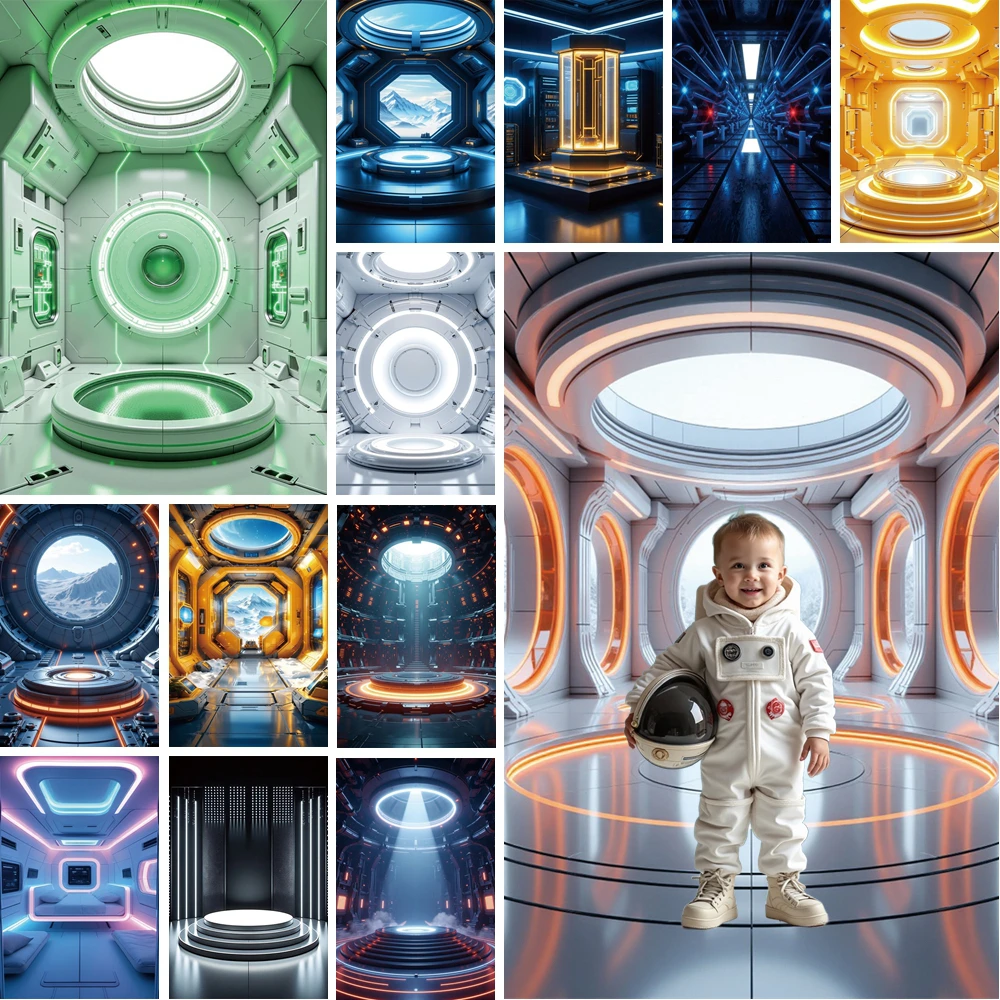 

MOON.QG Cyberpunk Space Capsules Backdrops For Photography Metal Textures Neon Lights Photo Background Birthday Boy Photobooth