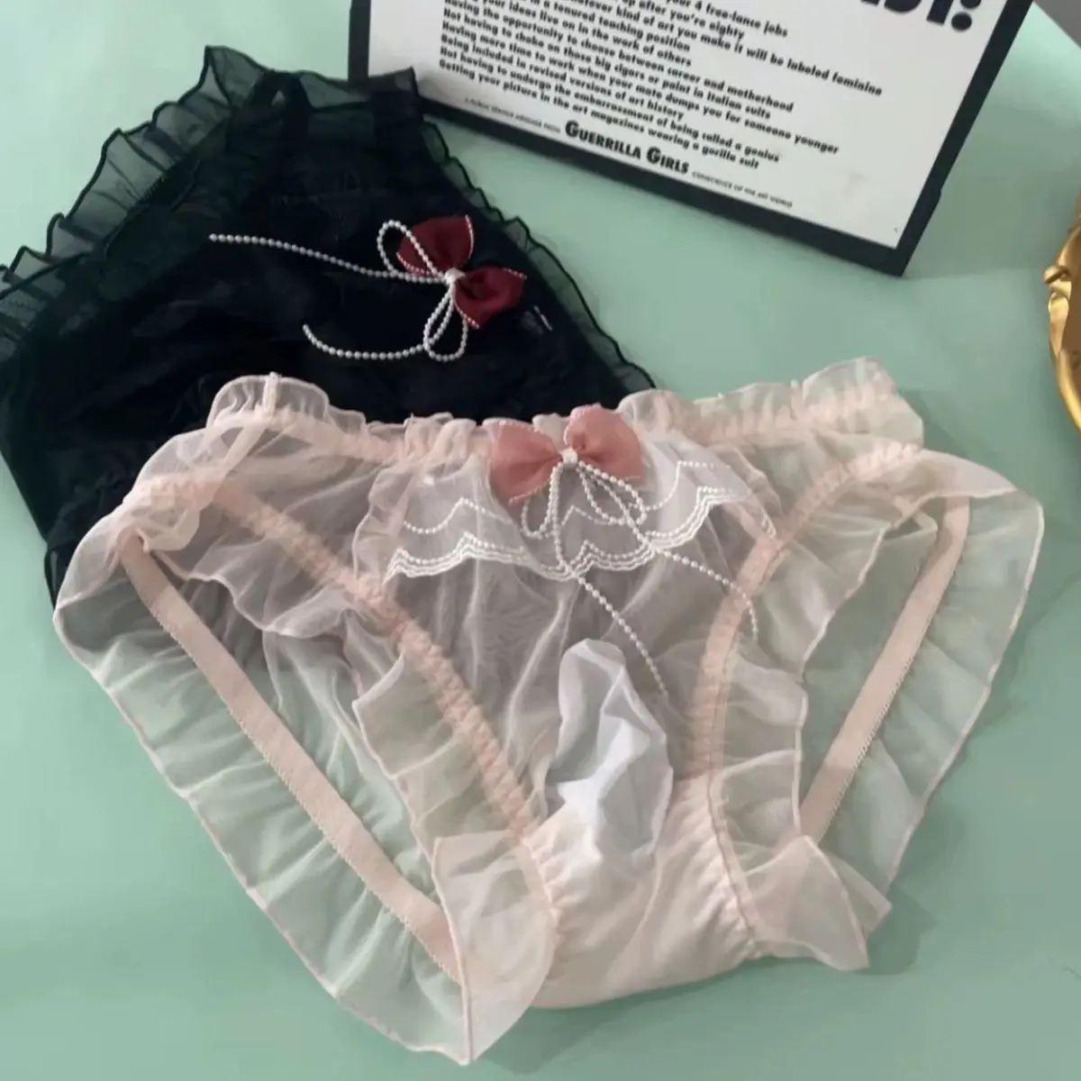 

Trendy men's small fresh mesh ruffle edge princess triangle girl cute bow men's underwear gay underwear underwear men