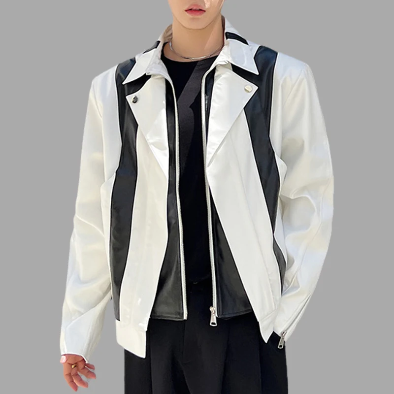 

Men Jackets Patchwork Layered Lapel Long Sleeve Zipper Fashion Slim Coats Streetwear 2023 Motorcycle Outerwear