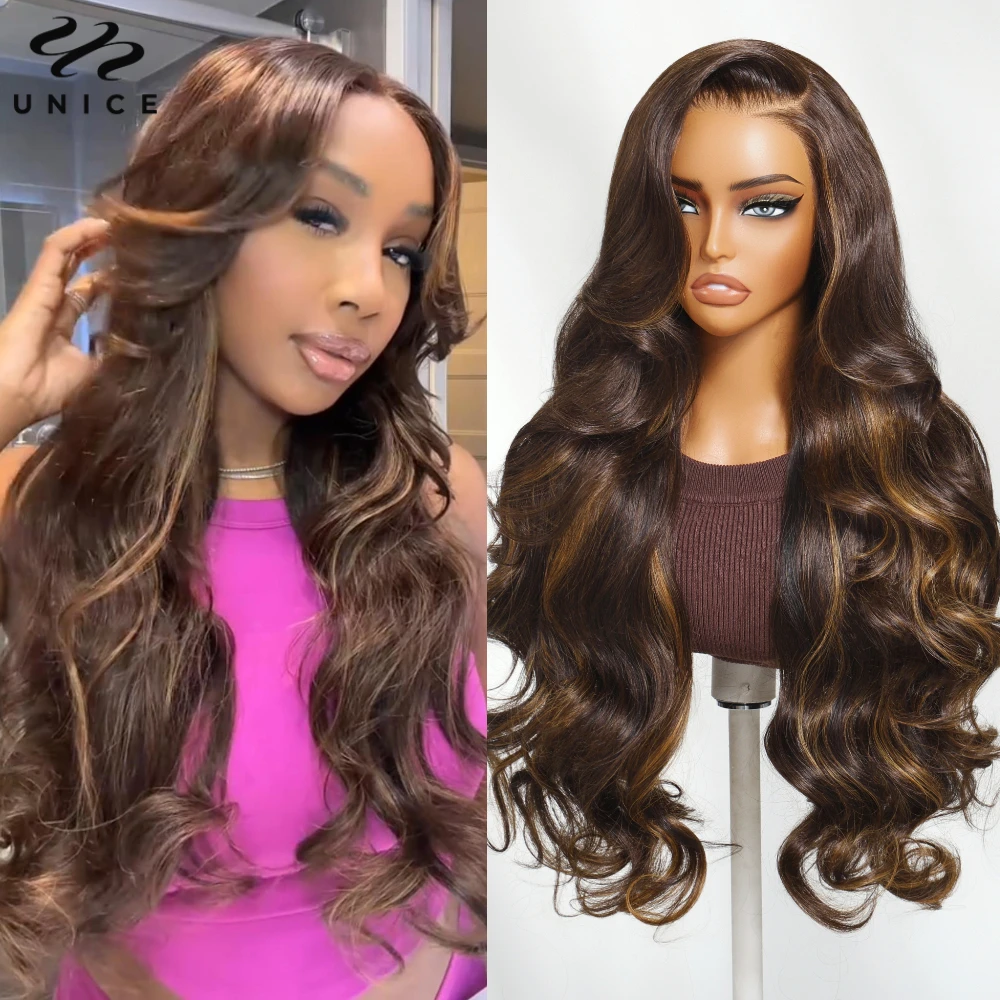 UNICE Hair Espresso Brown Highlights Loose Wave Wig Pre Cut Pre Bleached 7x5 Glueless Wig Human Hair Ready To Wear 180% Density