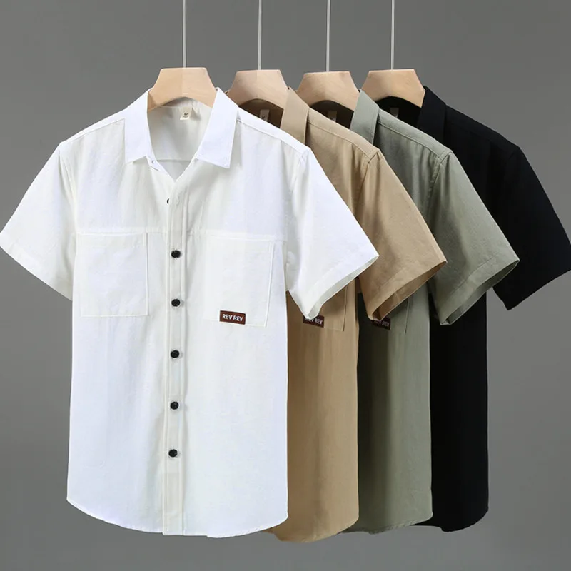 High-quality Pure Cotton Cargo Short Sleeve Shirt For Men Solid Color Summer Loose Oversized Work Shirt With Chest Double Pocket