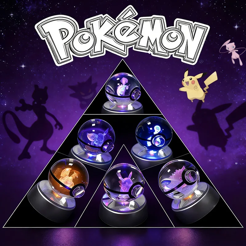 

Pokemon Crystal Poké Ball 3D Engraved Crystal Ball Glowing Statue Night Light Pikachu Charizard Mewtwo Creative Birthday Gift