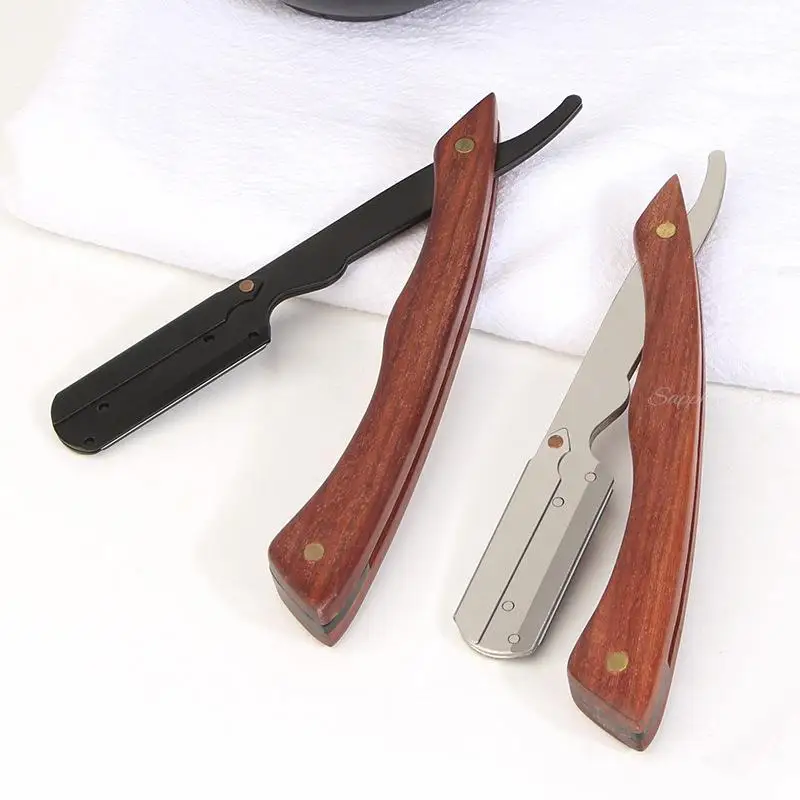 Navalha de cabelo de aço inoxidável para homens, dobrável, manual retro, porta-facas, punho de sândalo de sangue, ferramentas de barbeiro, grátis
