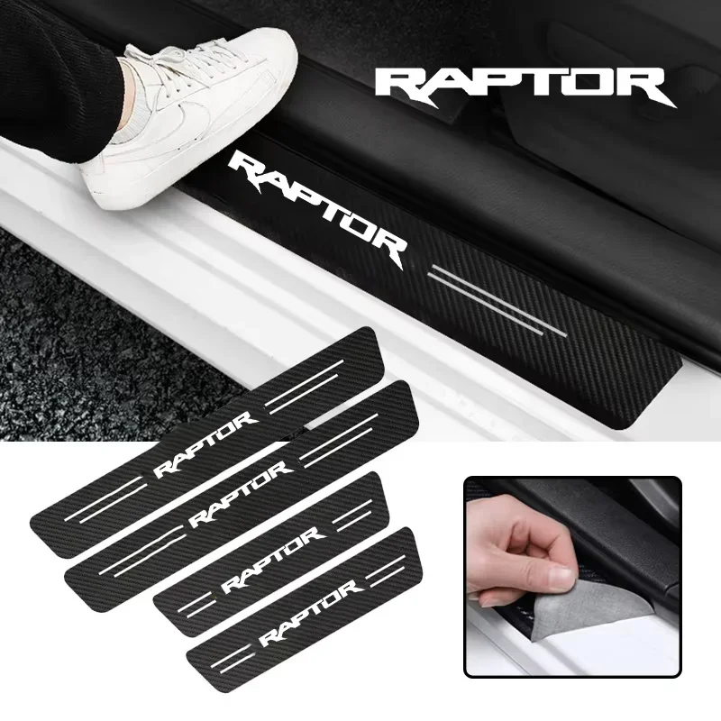 New Carbon Fiber Car Door Sill Sticker Threshold Side Anti Scratch Sticker For Ford RAPTOR Logo Waterproof Decal Car Accessories