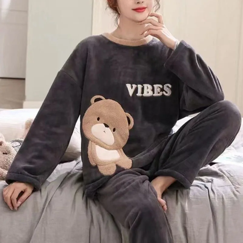 Flannel Pajamas Women Round Neck Suit Thickened Warm Cartoon Bear School Homewear Long-Sleeved Trousers Can Be Worn Outside Xl