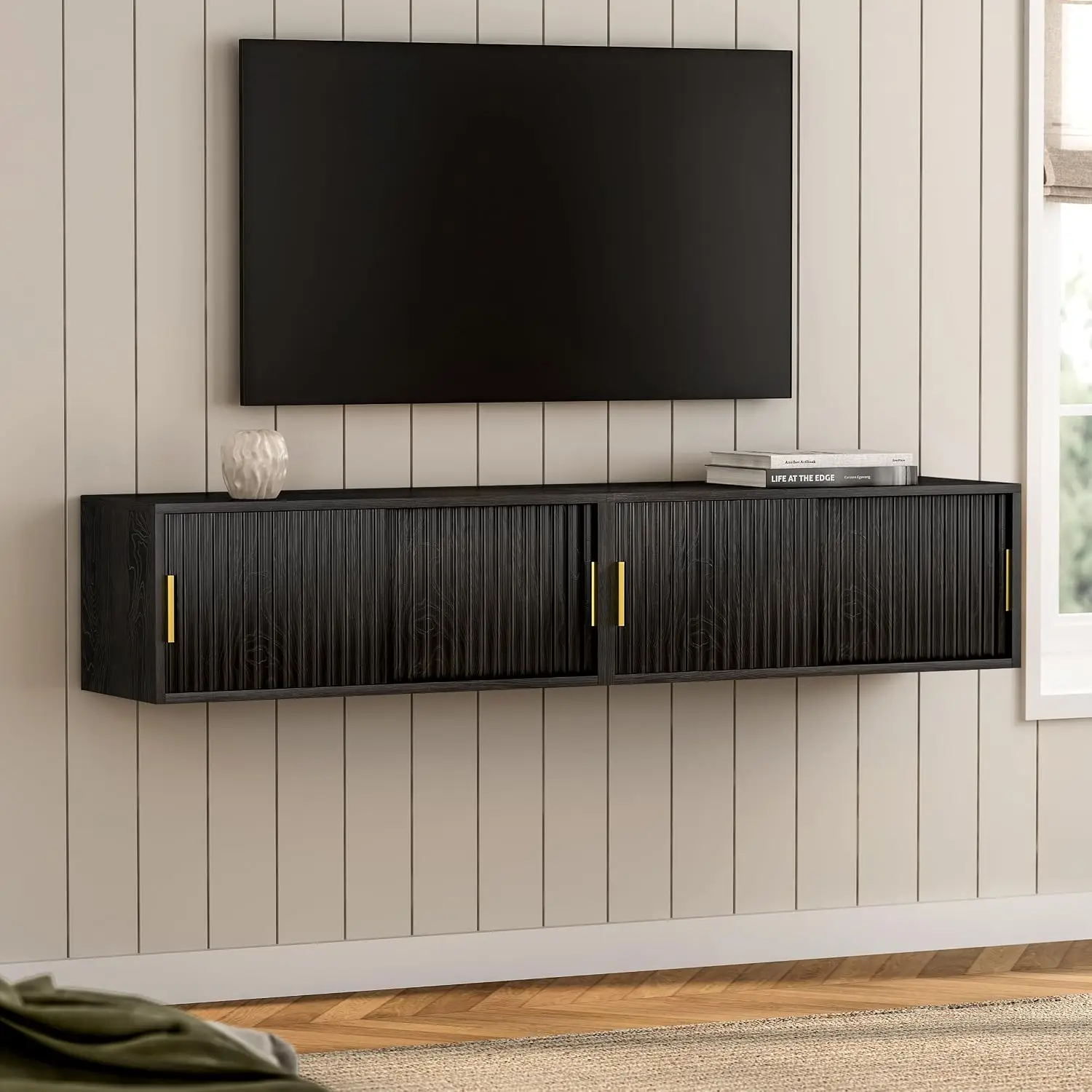 Large Floating TV Stand & Nightstand Set 2, Modern Fluted Wall Cabinet with Sliding Doors for Living Room & Bedroom, Customized