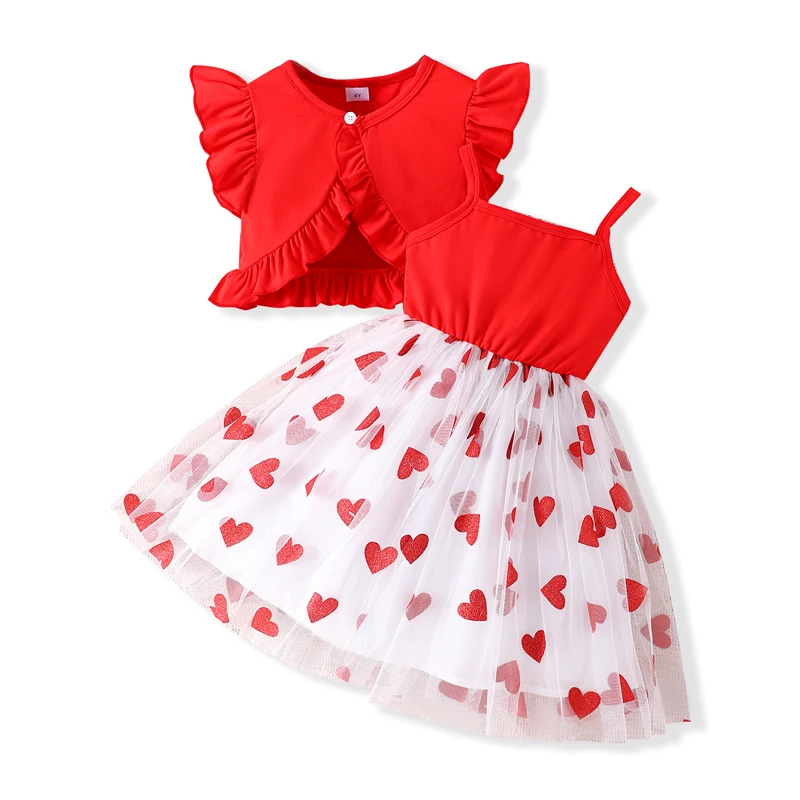 1-5Y Kids Girl Valentine's Day Outfit Solid Flutter Sleeve Jacket with Heart Print Spaghetti Strap Tulle Patchwork Dress 2pcs