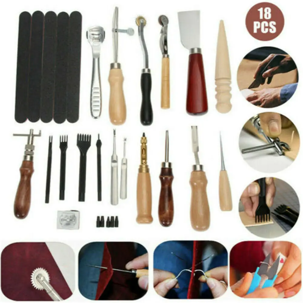 Set Pro Leather Craft Tools Punch Kit Stitching Carving Sewing Skiving UK