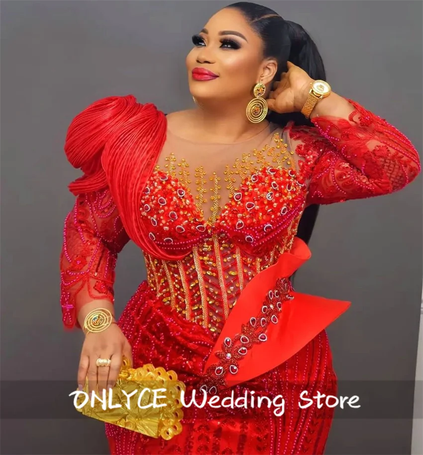 Red Beaded Long Sleeve African Mermaid Evening Dress Aso Ebi Wedding Party Dress See Thru Formal Occasion Dress Customized image 2