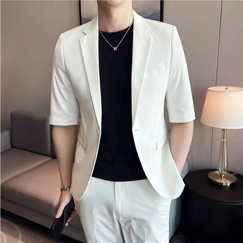 2023 Summer Fashion Short Sleeve Blazer Jacket Match Pant Slim Fit Solid Color 2-piece Men Casual Business Office Party Tuxedo