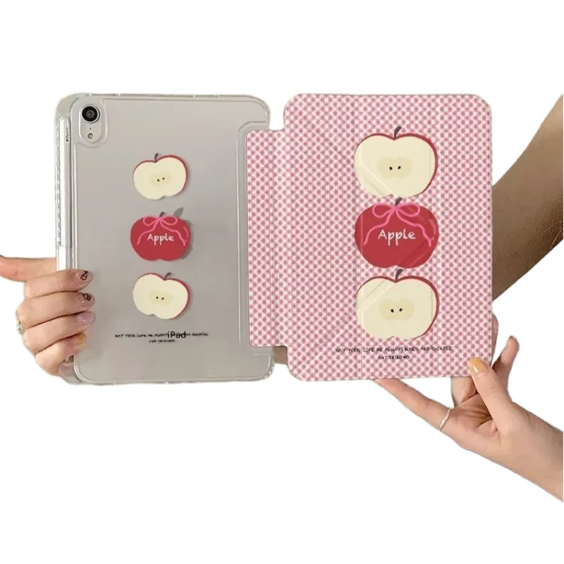 Plaid Cute Apple Print Pen Slot Tablet Case For iPad 2026 Air 8 7 6 4 3 2 1 Pro 2024 11in 12th 11 10 9 8 7 6 5th Cover