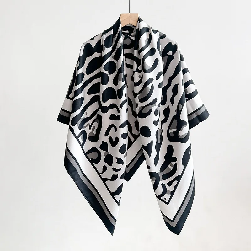 130cm Oversized Leopard Dot Printed Square Scarf Black&White Color Thin Smooth Shawl Leisure Style Windproof Sunscreen Head Wrap