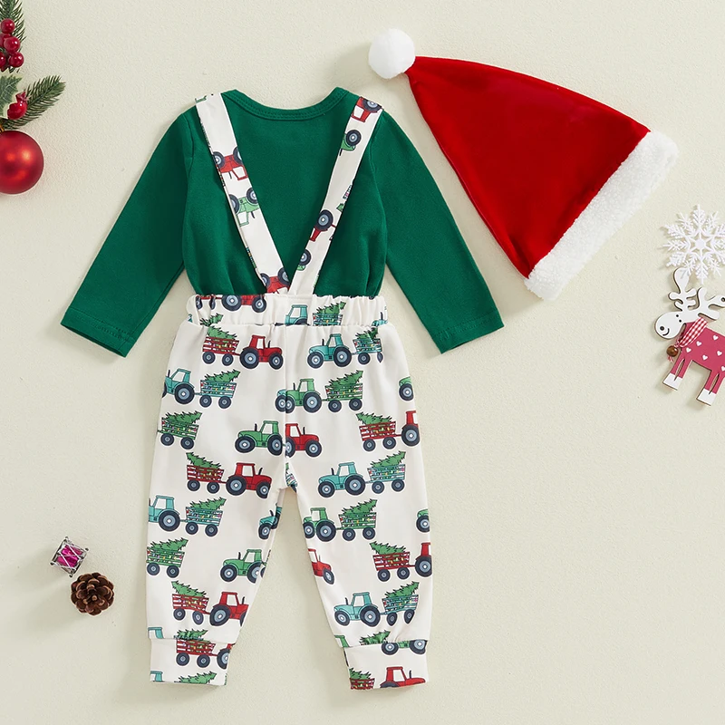 Baby Boy Christmas Outfit Long Sleeve Dots Printed Bow Tie Romper with Overall Pants and Hat Infant Outfit