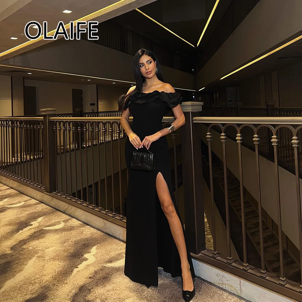 Boat Collar Satin Ruffles Saudi Arab Dress with Side Slit Backless Sheath Floor-Length Evening Bridesmaid Gown Customized