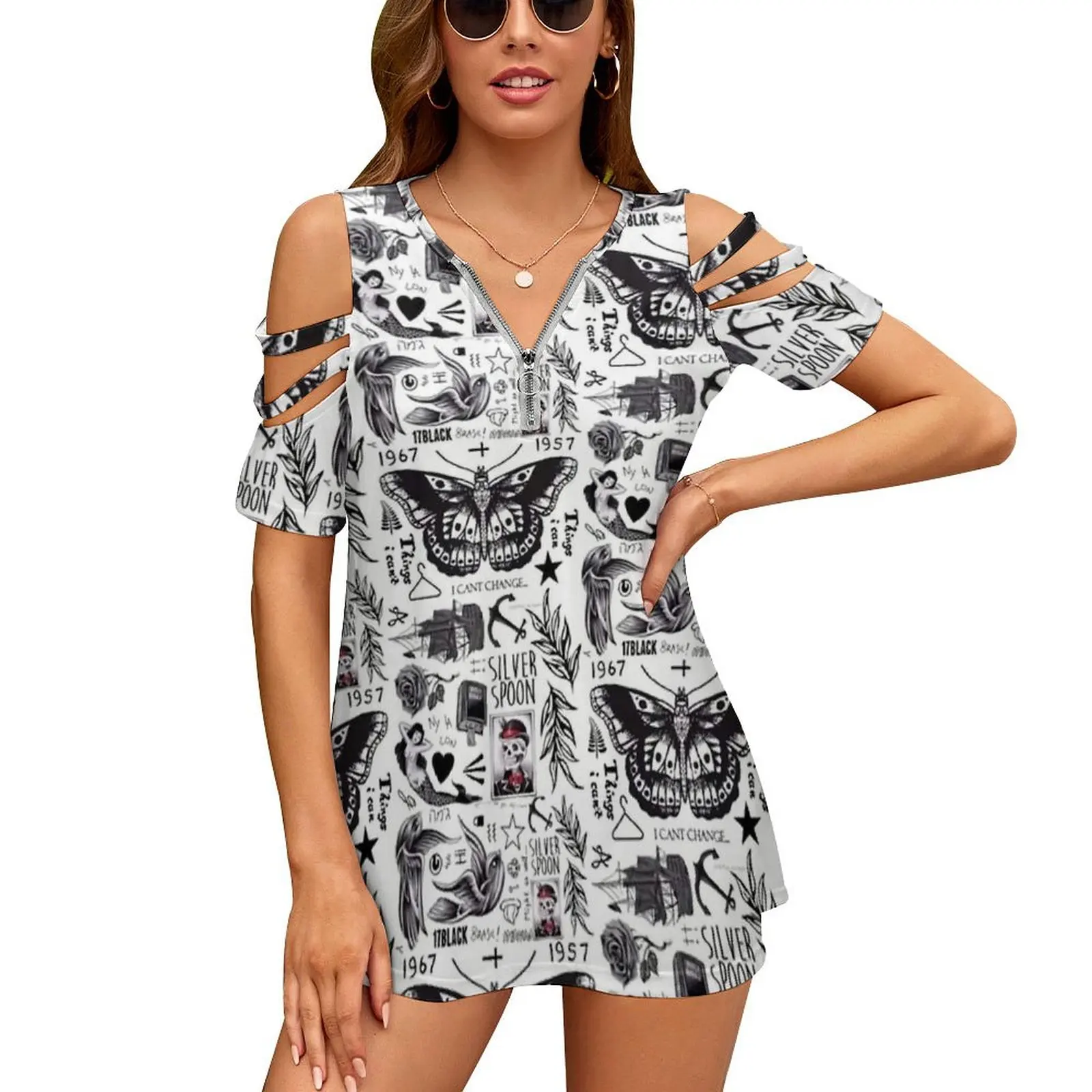 Tattoos New Fashion Zip Off Shoulder Top Short-Sleeve Women Shirt Tattoos Harrystylestattoos Sfineline Harry