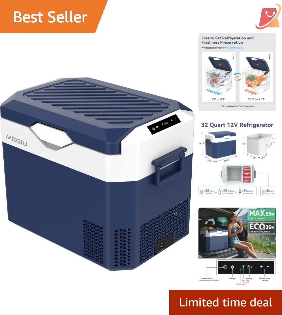 

Car Refrigerator Portable 12V 32 Quart Cooler Freezer 12V/24V AC DC