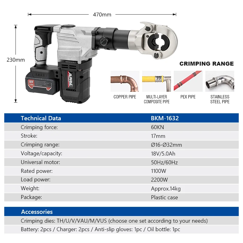 BKM-1632 Battery Electric Power Pipe Crimping Tool Plumbing Pipe Aluminum Plastic Pipe and Stainless Steel Pipe Crimper