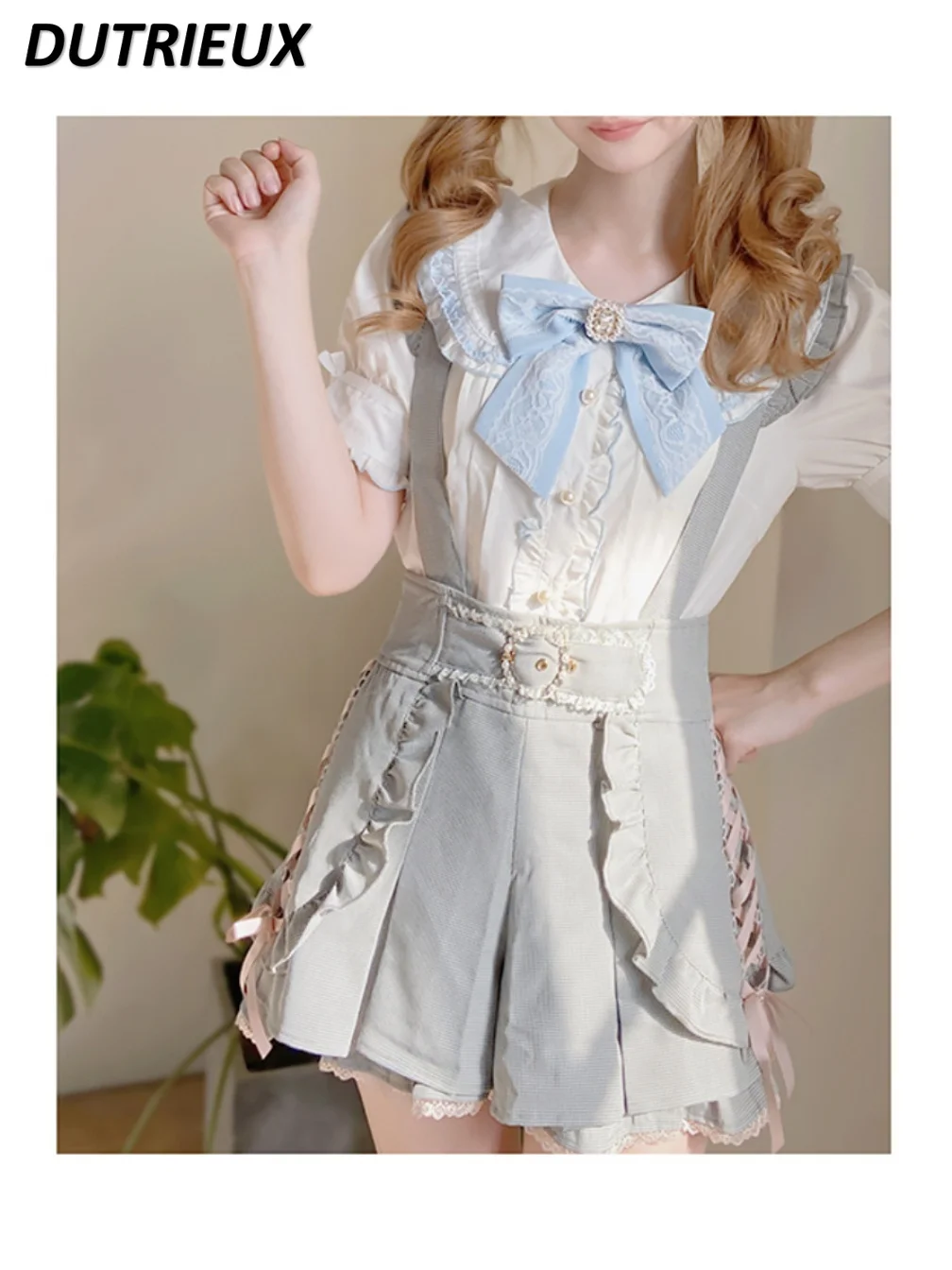 Japanese Style Sweet and Cute Girl Mine Mass- Produced Strap Shorts Solid Color High-waisted Bow Ruffle Overalls Short Pants