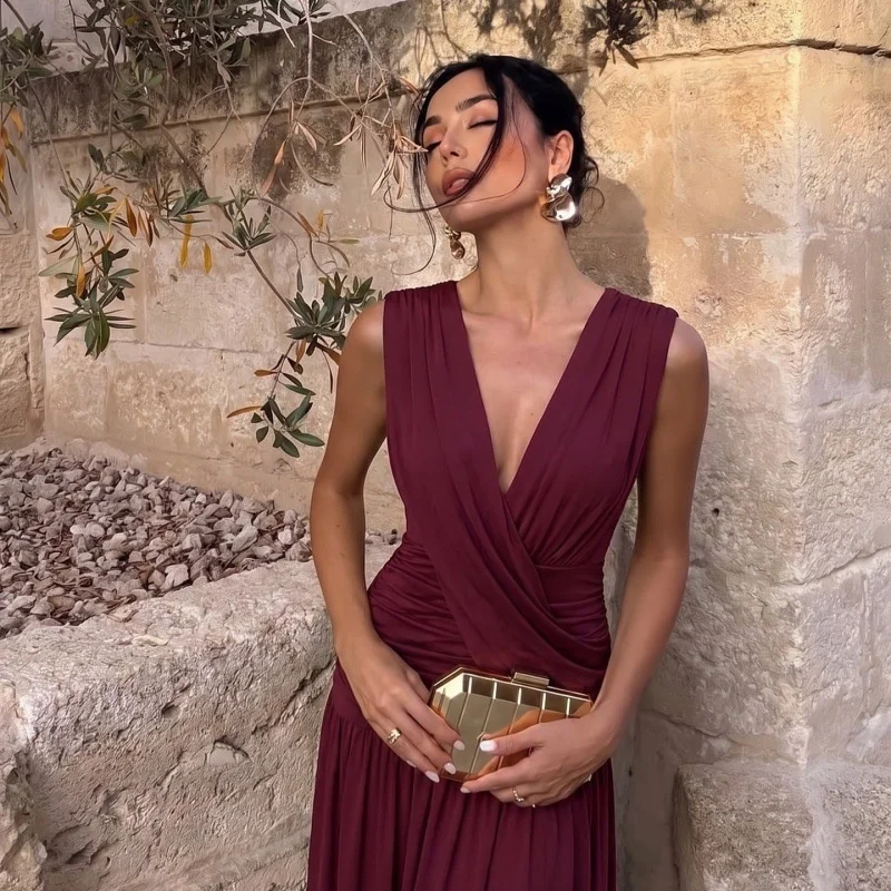 Mozision Elegant Deep V Neck Sexy Maxi Dress Women Fashion Sleeveless Draped Ruched Waist Bodycon Club Party Long Dresses Female