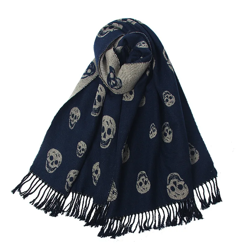 New Design Skeleton Scarf Unisex Men Winter Warm Cashmere Touch Shawl With Fringe Women Tassel Skull Print Wraps Pashmina