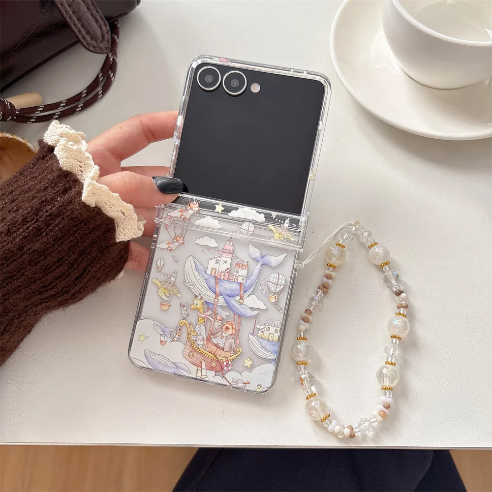 Fairy Tale Dreamy Whale Hot Air Balloon Animal Printed Phone Case for Samsung Galaxy Z Flip 7-3 Bead Strap Protective Cover