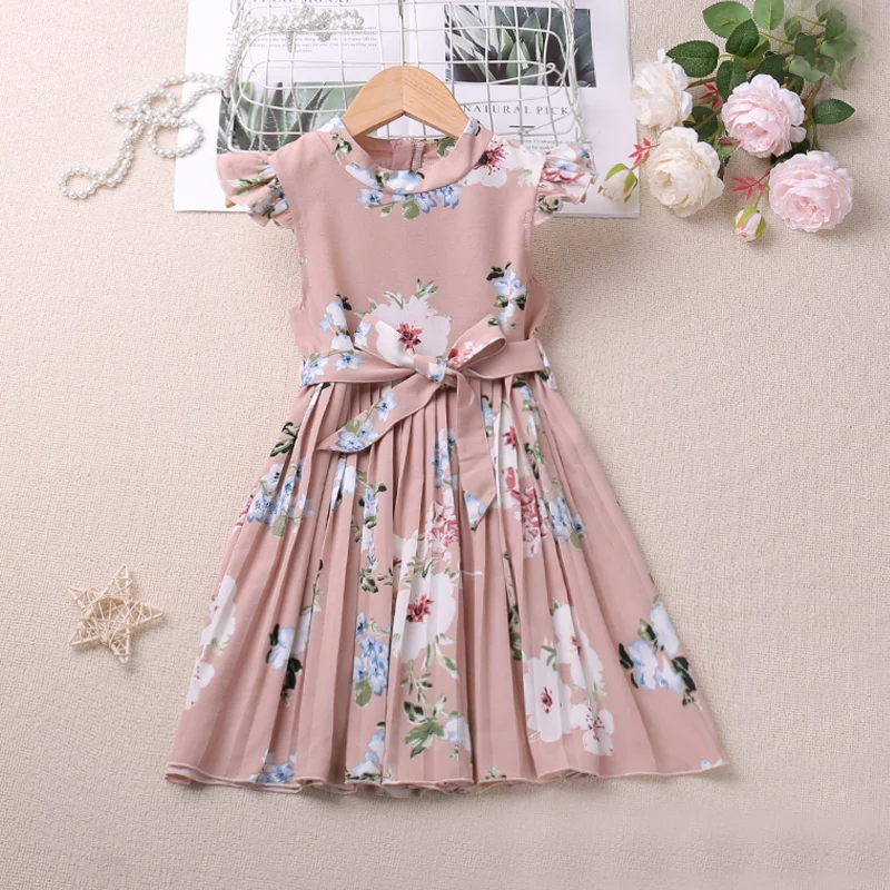 Children Clothing Summer Flying Sleeve Flower Dress Green Pleated Dress Casual Dress For Girl Clothes Kid Children