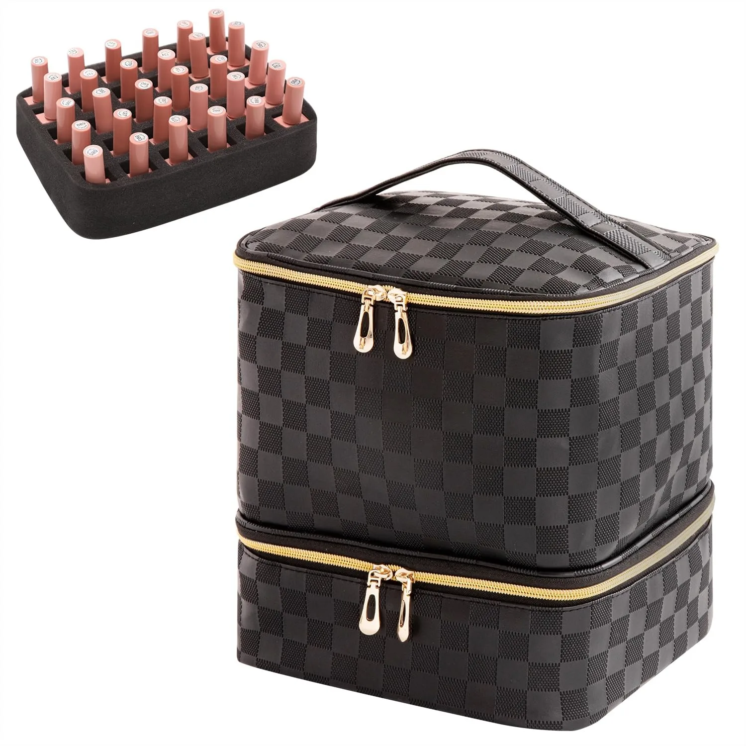 

Nail Polish Organizer Bag with Handle Holds 30 Bottles Travel Case for Manicure Set Checkered Black