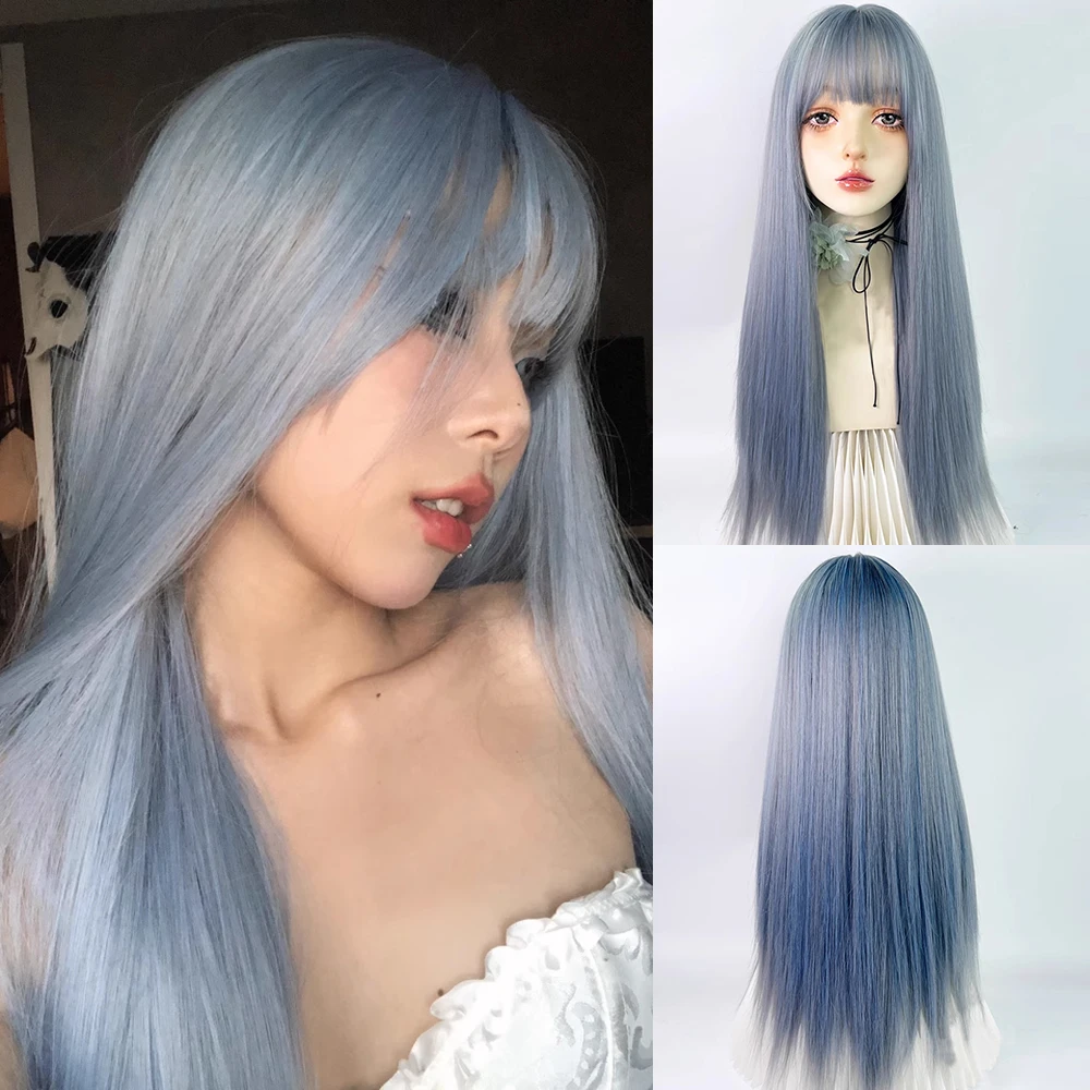 

Blue Long Synthetic Straight Wigs with Bangs Fluffy Women Lolita Cosplay Heat Resistant Wig for Daily Party