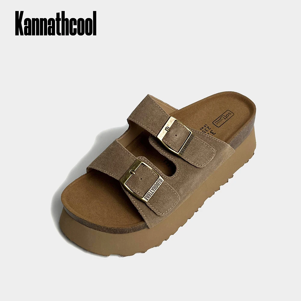 Zapatillas de piel de vaca Natural para mujer, zapatos de suela gruesa de 6Cm, con hebilla de marca, cómodas, a la moda