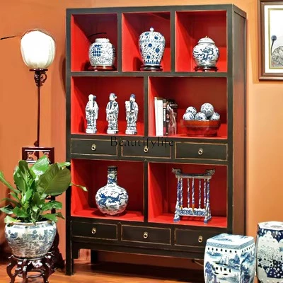 New Chinese Style Solid Wood Display Bookshelf Tea Room Living Room Display Cabinet