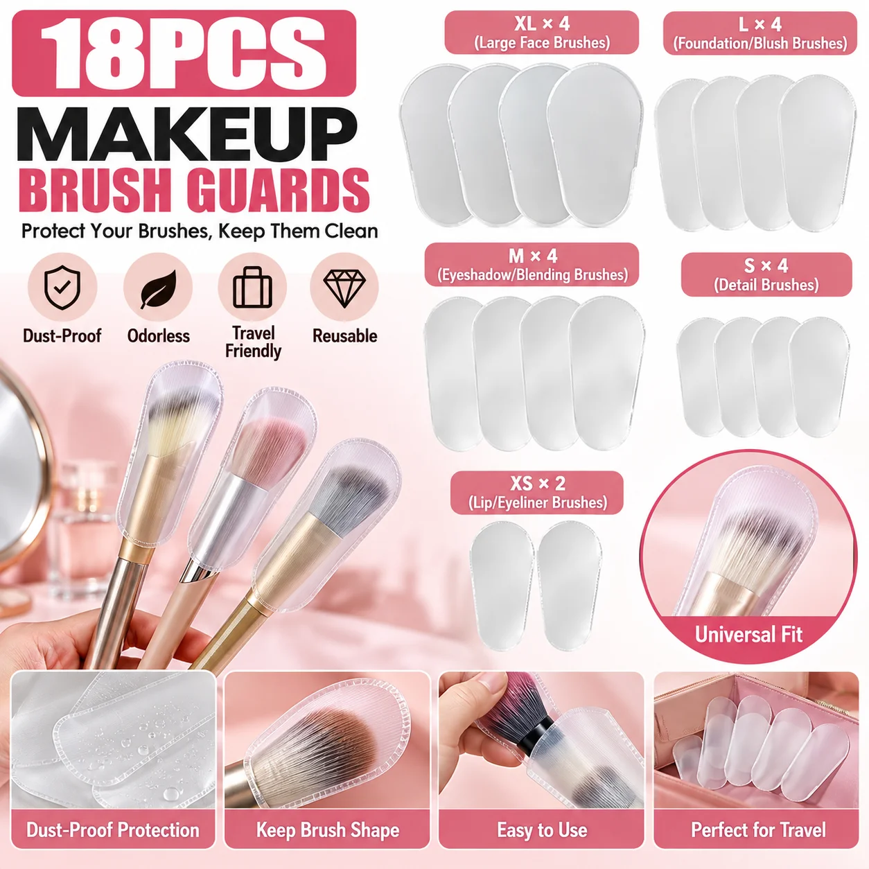 18PCS Makeup Brush Guards - 9-Size Universal Fit, Odorless & Dust-Proof for Travel Storage (Gift Ready)