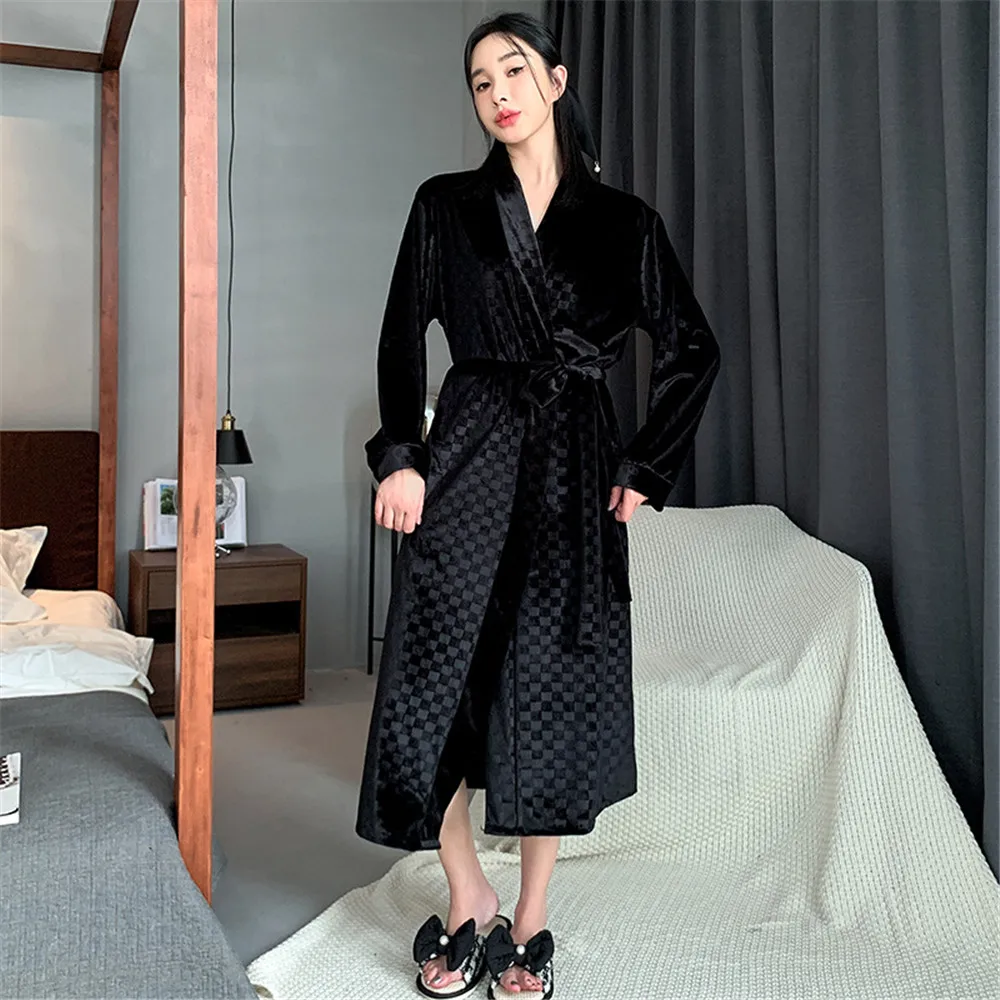Abito lungo da notte femminile in velluto dorato, kimono, accappatoio, manica lunga, da notte, in velluto sciolto, per la casa, da salotto