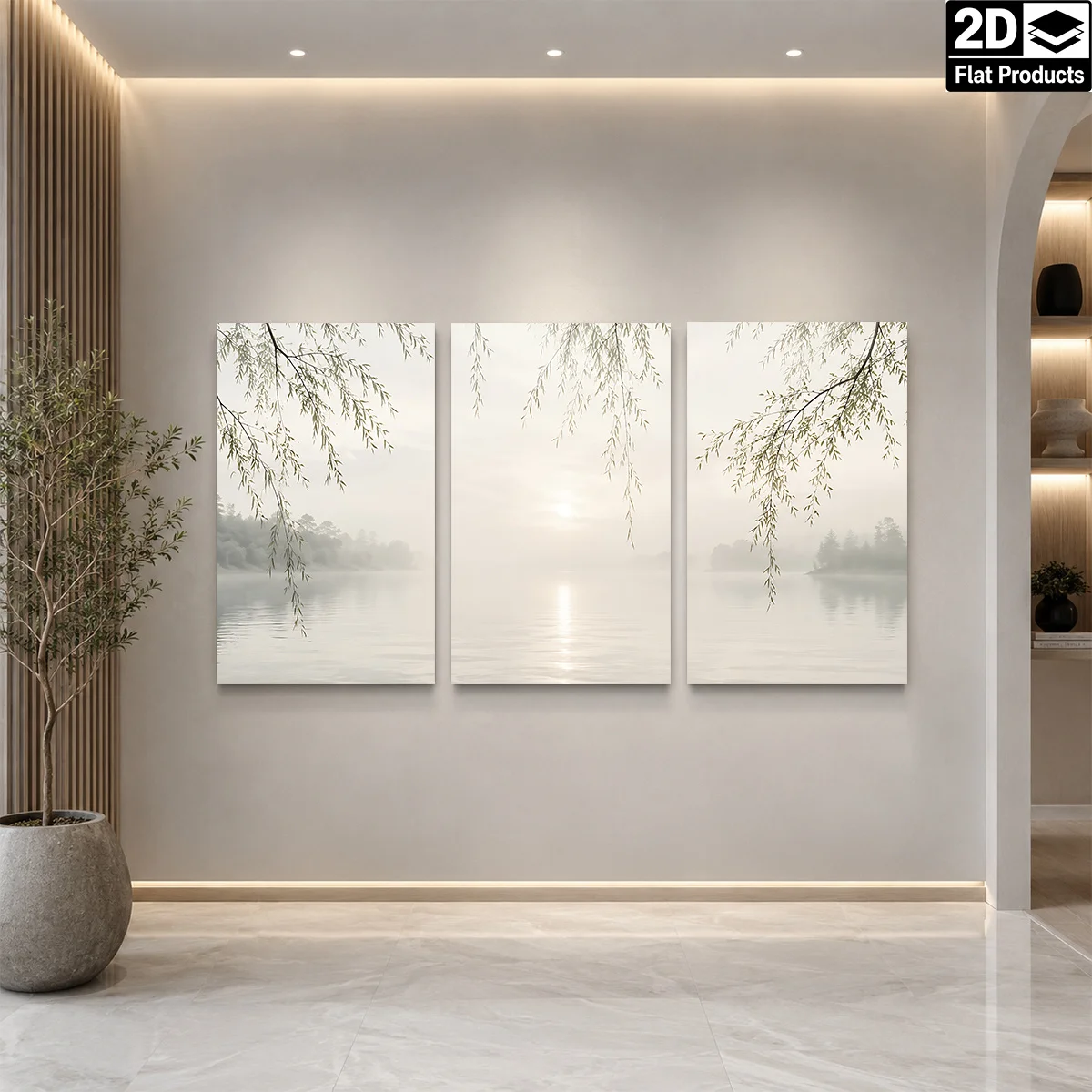 2D Flat 3PCS - Three panels of misty lake with willow branches and sunrise reflection Themed Canvas Wall Art, Waterproof Prin