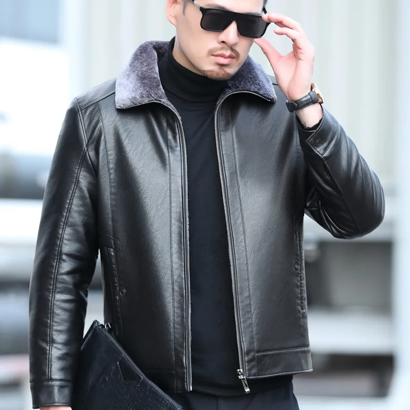 YXL-835 Men's Jacket Leather Autumn and Winter Style Fur One Lapel Natural Sheep Leather Black Brown Green