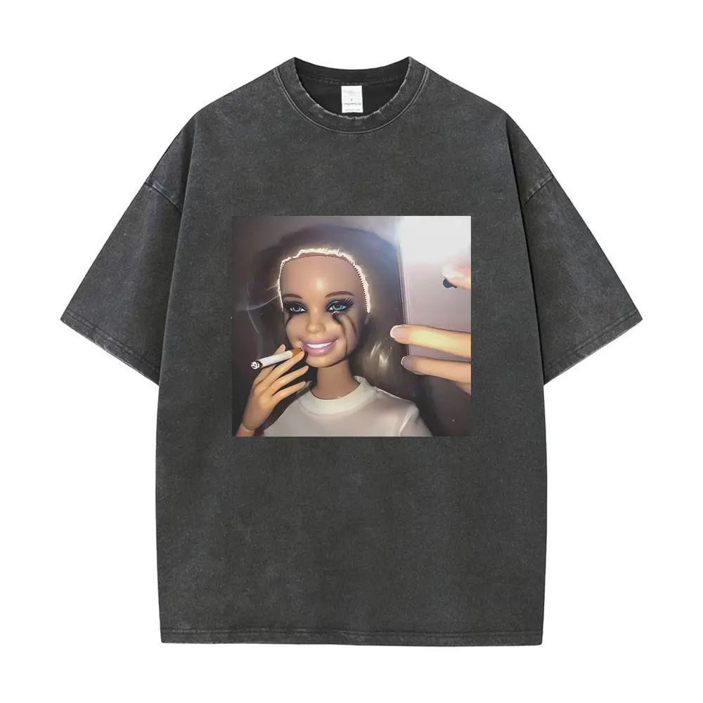 Washed Vintage Funny Disgusting Doll Take A Selfie While Smoking Meme T-shirt Fans Gift Men Women Casual Cotton Oversize T Shirt