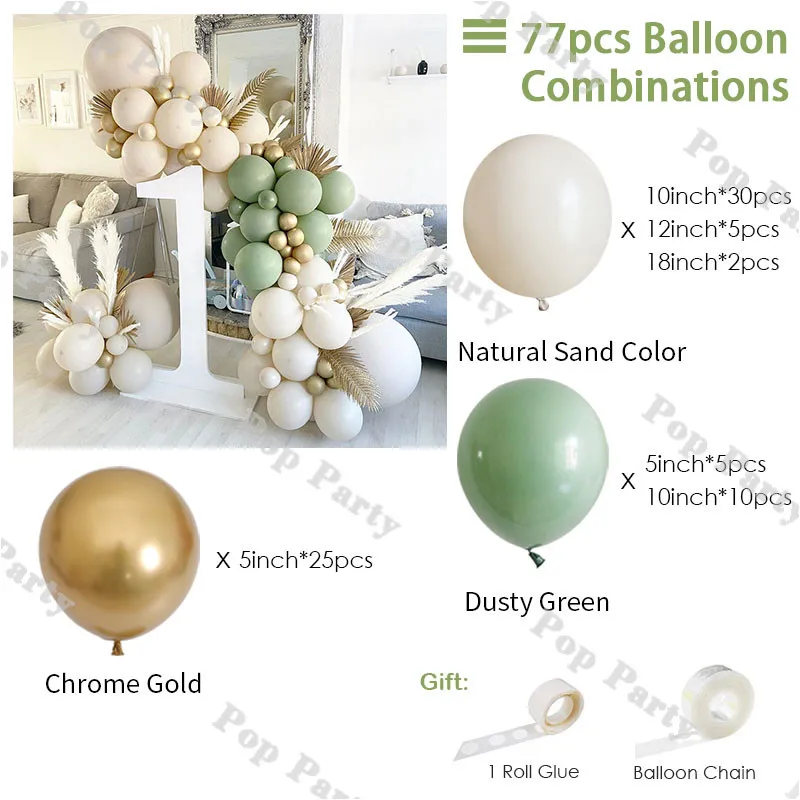 77pcs Baptism Sand White Balloon Arch Kit Baby Shower Gold Sage Green Balloons Garland DIY Birthday Party Decoration Background