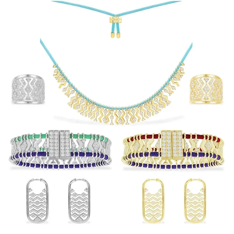 

Komm S925 Стерлингового Серебра Волна Полосатый Нейлоновая Веревка Кольцо Серьги Браслет Ожерелье Женские Ретро Богемные Классические Племенные Ювелирные Изделия