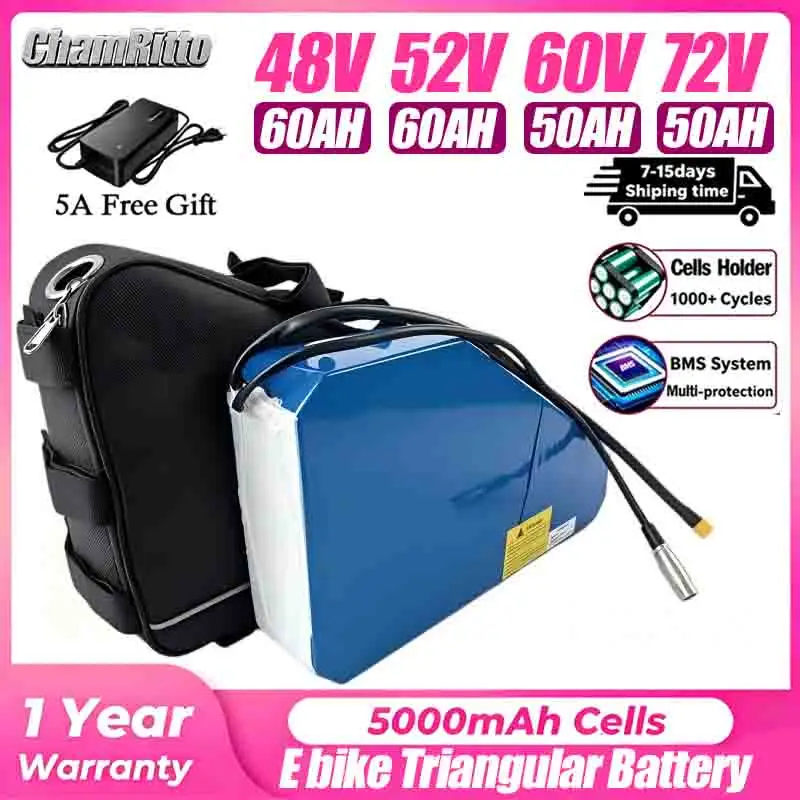 

Electric Bike Down Tube Triangle Battery 36V 48V 52V 72V 60V 20 24 35 30ah 40ah 50ah 60ah 3000W Lithium Battery with 5A Charger