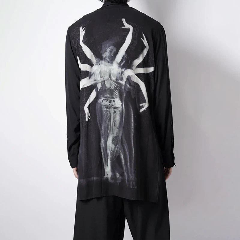 

YOJI OOAK original design loose overlapping Asura lazy style artificial silk printed shirt dark design