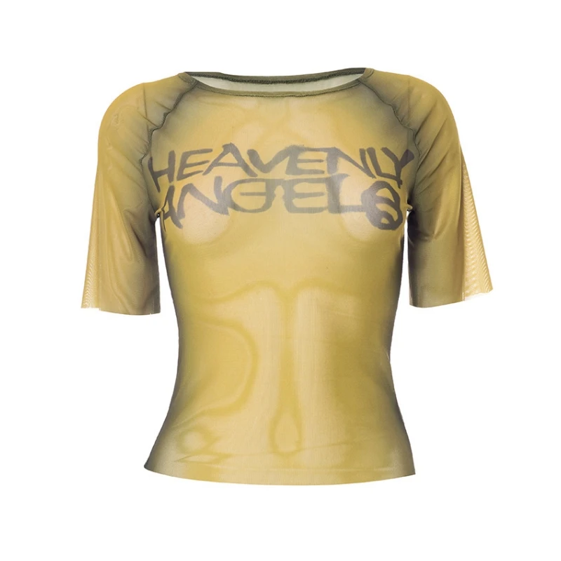 Brief Drucken Y2k Top Durchsichtig Grafik T Shirts Für Frauen Kleidung Kurzarm Ästhetischen Ropa De Mujer Dünne Sexy Streetwear – Detail 1