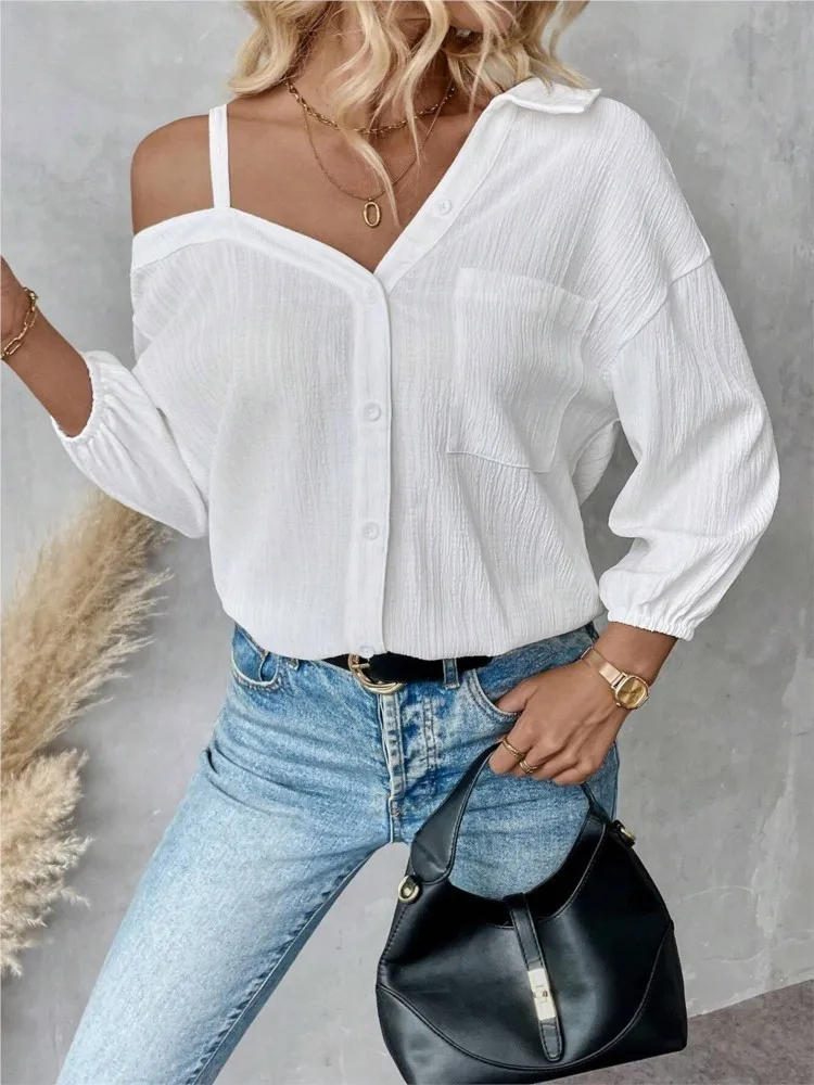 

Fashion solid shirt for women sexy off shoulder long sleeve Lapel buttons shirts tops female autumn elegant office lady blouses